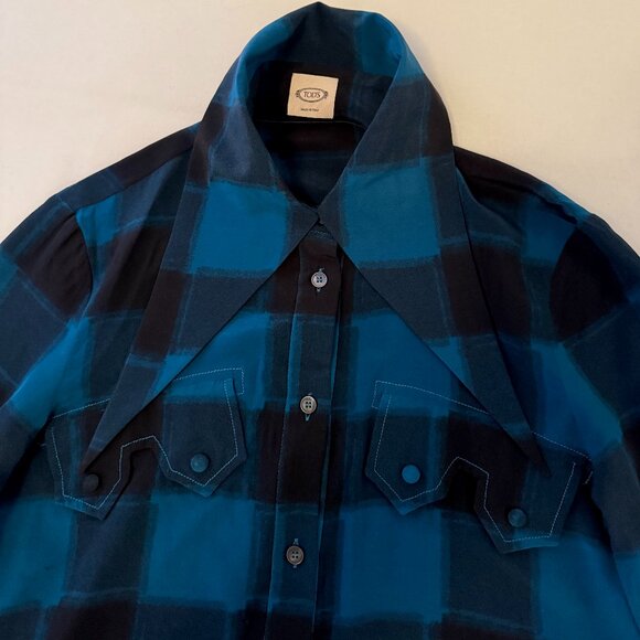 Tod's Button-Down Elaborate Collar Shirt | Blue & Black Plaid | Size IT 38 US 4 - Picture 5 of 10